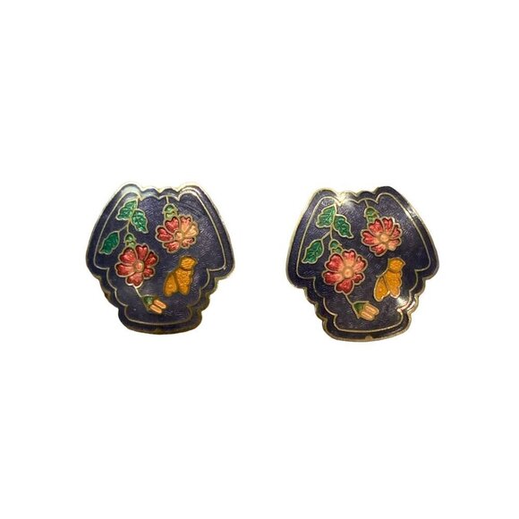 Vintage Floral Cloisonne Earrings Clip On Enamel Blue Pink Flower Butterfly - Picture 8 of 8